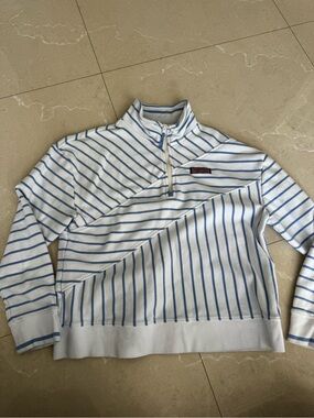 Vineyard Vines White and Light Blue Striped Quarter-Zip Sweater